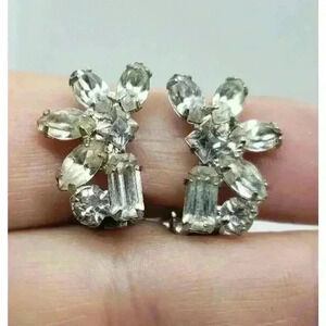 Vintage Earrings Clear Rhinestone Clip Clear Half Flower Star Bride Statement